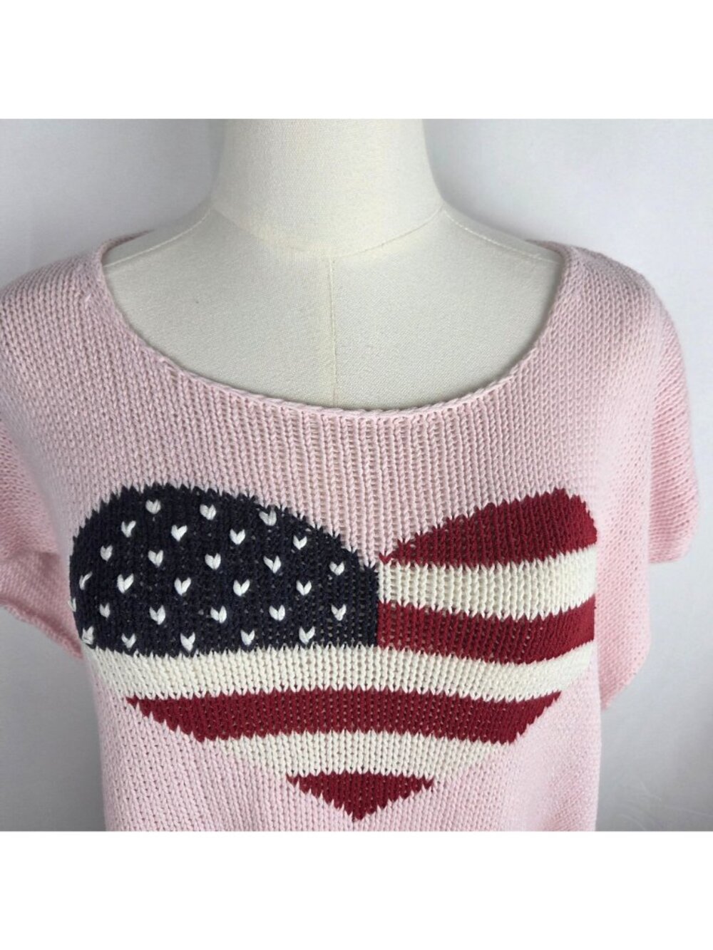 Wooden Ships American Flag Heart Sweater Top L Pink Open Knit Short Sleeve Beach - Picture 3 of 9